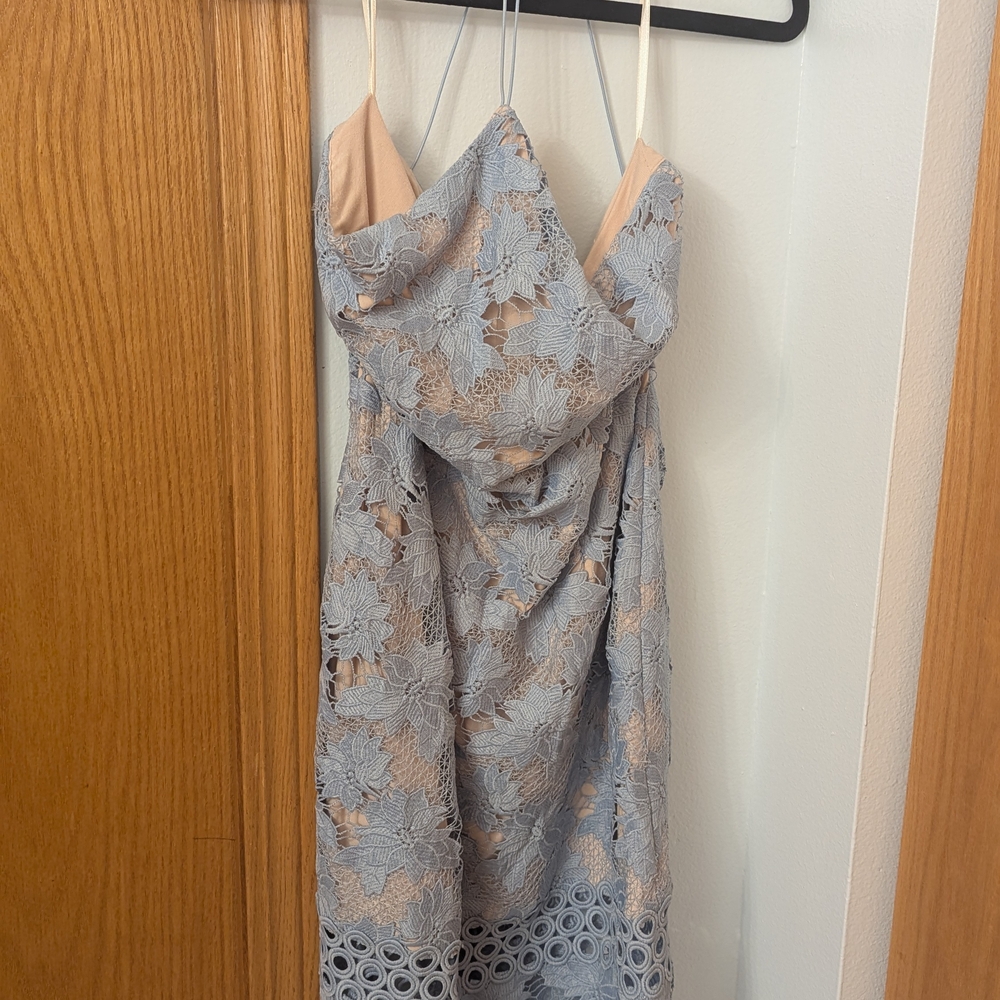 Gianni Bini Strapless Lace Dress in Blue and Cream